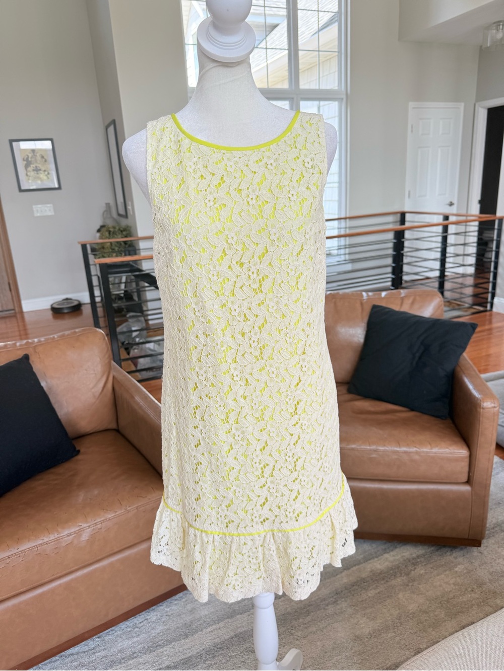 LOFT off white Lace Dress with Yellow Trim